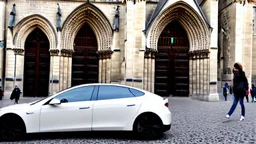 A Tesla's 'Model S Plaid' is doing donuts, at the Notre-Dame Cathedral, in Paris. CINEMATIC. WIDE ANGLE LENS. PHOTO REAL.