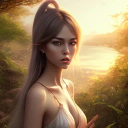 Insanely beautiful girl, beautiful face, sunny, relaxing, sea, trees, glossy, real details, hyper ultra photo realistic, anime style, fantasy art, glowing landscape, 8k