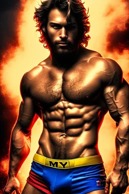 Ignore NSFW, teenager young rugged attractive slightly muscular fantastic handsome man, red briefs with yellow belt, hairy chest, (((visibly pisssing))) briefs, large erect visible boner peniss, photorealistic, artist Jay Anacleto, soft lighting, scruffy beard