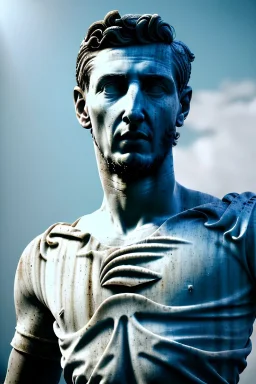 Ultra Realistic image, roman sculpture, deluxe white marble material, Angel di maria soccer player, Renaissance style, miguel angel style, chisel style, emperor, waist up portrait, epic, celestial, cinematic lighting, God light, god rays, 4k resolution, smooth details, ornate details, unreal engine 5, blue sky background.