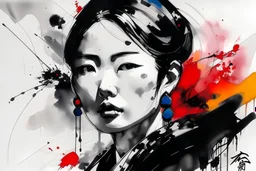a portrait that embodies the traditional monochrome ink technique of Chinese painters from the era prior to 1912. Use the energy and vitality of vibrant hues but should not be associated with any modern game or artist's splash art. The portrait should demonstrate a masterful fusion of black and white ink techniques with the energy of bright, vivid colors. Importantly, the artwork should maintain a unique identity apart from any recognizable modern game or contemporary art style