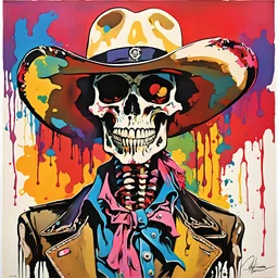 leroy nieman splash color painting of a skeleton cowboy portrait, creepy, diffusion, expressionism