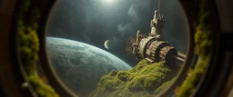 pin hole cam, master oil painting by Rembrandt, moss covered space station, brightened edges to give a sense of depth