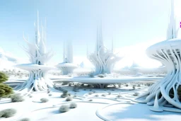 wide shot of futuristic base without floor on white planet with weird non-white forests