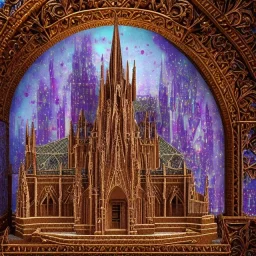 model of grand cathedral made of gingerbread house with crushed, vibrant rock candy as stain-glassed windows, 8k resolution, centered, high-quality, ultrafine-detail, ornate, digital art, flickering light, baroque, detailed matte, volumetric lighting, illustration, 3D octane render, brian froud, howard lyon, George Grie, greg rutowski,