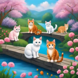 in the center: beautiful chunky cats dancing on a bridge , background: landscape, first plan: pink flowers and a small river with blue water, sky: white clouds with more cats sitting on them