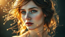collage Portrait of a WOMAN made of magical objects, Loose hair continues in the form of branches, Double exposure, Nature, Gold and silver luminescent, fluffiness, Wind, multi-layered, Glow, Glare, Warm shades, Airiness, blending, textured, 3D, 8K, best quality, fine rendering, high detail, hyperrealism, high resolution, high definition, multi-layered, highest focus, hyper sharpness, hyperfocus,