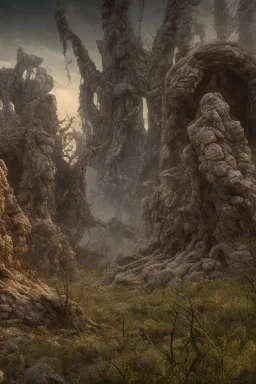 A wasteland, 8k, bas-relief, extraterrestrial, eerie, jagged rocks, plants, cinematic 4d, Steven Spielberg