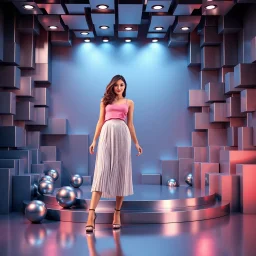 make a picture pretty stage made of metallic blue-gray teme 3d recursive cubic and sphere and cylinder base structures and a beautiful fashion model lady standing with cute in scene with sexy top and pretty pleated midi skirt ,makeup curvy long hair,dynamic camera zoom to full body and pan, dynamic lights.