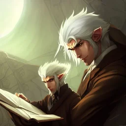 portrait of one calm elf with white hair in brown suit reading a legendary book, fantasy character art, concept art, scribble style, somber, gloomy lighting, epic perspective, trending on artstation