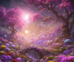 mondo fairy,paesaggio da favola notturno con fiori fluoriscenti, alberi magici,fiori colorati luminosi.