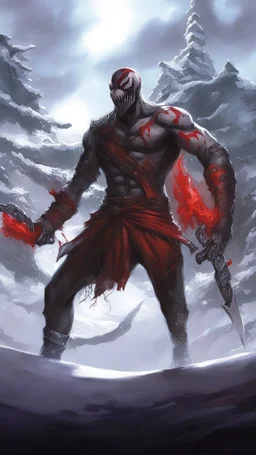 A close picture of Venom symbiote with kratos red tattoos and Clothes, holding blade of choice