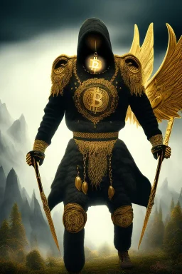 running berserker portrait , no face, black jogging suite , in the night Alps , holding bitcoin , angels background, volumetric gold light, high detail, dark leaf tree, dark mountains in background, perfect