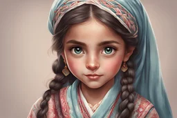 Craft a heartwarming digital portrait of a girl in traditional Pakistani clothing, showcasing her big grey eyes and a beautifully rendered long braid."