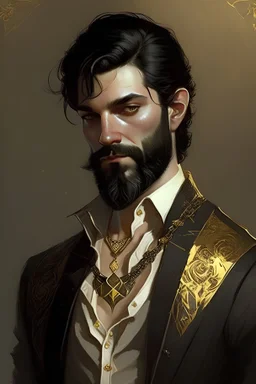 Man, black hair and beard, black and gold vest, sharp eyes, thin, silver necklace, smirking, holding a viol