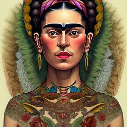 A beautiful portrait of Frida Kahlo, alphonse mucha, tribal tatoos, 4k, high details