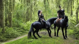 warrior sorcerer leading a black horse on forest path