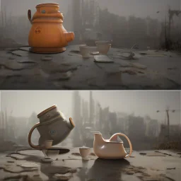 A teapot is shining and a laughing child is looking at it. The child’s image is reflected inside the teapot and behind the child is the reflection of a destroyed city.