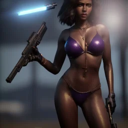 full face shot, masterpiece, best quality, dark skinned, sparkling eyes, fluorescent skin,purple-dark makeup, armed with bullet guns, highly detailed body, sun light, 4K, RAW, depth of field, high contrast, realistic details, 24mm