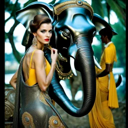 female humanoid robot, beautiful like a supermodel from the sixties, beautiful eyes, sexy, helmut newton, glass bubble, elephant sculpture, lord ganesha