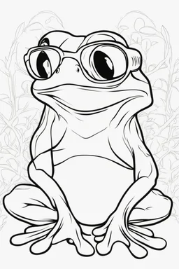 Outline art for cute coloring pages with frog with glasses, full body, white background, sketch style, only use outline, clean line art, no shadows and clear and well outlined.