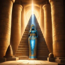 In the heart of a pyramid, the woman's mummy, is ensnared within a gleaming gigantic bottle on the temple wall. Illuminated by a radiant ray of light, the bottle dazzles with intricate detail, reflecting the mummy-queen's bandages with exquisite precision.