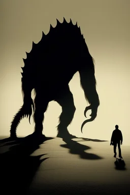 a distressing image of a person walking with a monstrous creature as their shadow