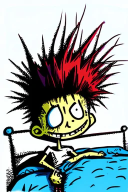 2d drawing of a stickman, laying in bed, cool with punk hair, just woke up, excited, smiling naughty ,3d realistic in colour