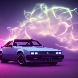 1980's aesthetic vaporwave sports car glowing in a dark field at night