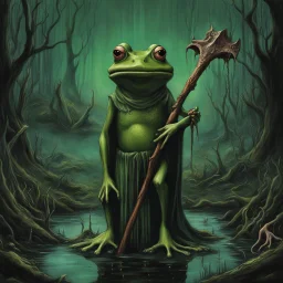 "FROG MALLET" death metal album cover aesthetic, digital illustration mixed media movie still, dark portal with anthropomorphic frog god monster, mystical mallet bludgeoning from necromancy, beautiful green witch, surreal horror, creepy fantastical bayou swamp background, grand, Clive Barker "Nightbreed" movie aesthetic, profound, sinister, dramatic, surreal