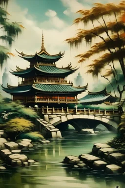 Landscape painting featuring traditional Chinese architecture, bringing a sense of joy to viewers.