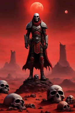 In the alien landscape of Mars, the hero stands atop a towering mound of skulls, a grim testament to the battles fought and lives lost in this desolate realm. The red soil beneath his boots whispers tales of ancient conflicts, as the crimson sky above casts an eerie glow on the macabre scene. With each step he takes, the hero's presence radiates an aura of power and determination, a lone figure standing defiant against the harshness of the Martian wasteland.