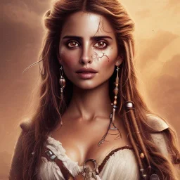 best quality, realistic lighting, masterpiece portrait of Penelope Cruz from pirates of the Caribbean, details, light dusting of freckles, shot from above, simple chain hauberk, warhammerVector art matte painting digital illustration 3D shading CryEngine Behance HD 3Delight