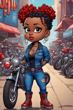 comic book art illustration of the chibi cartoon character, a voluptuous black female in a blue jean outfit with biker boots. Her prominent makeup and hazel eyes, along with her detailed red bantu knots, are featured in this image, set against the background of a lively bike show.