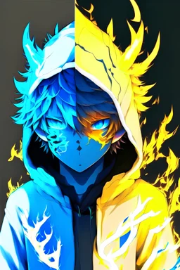 An anime boy who is a devil and wears a white and black hoodie with streaks of blue and light yellow colors, as well as an electronic and neon mask that only covers the front of his mouth with yellow and light blue colors, his eyes are yellow and The one is blue and they are neon, his back is surrounded by fire, and the fire is a combination of blue and yellow colors, and in his hands and beside him is a thunderbolt with blue and yellow colors.