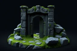 ancient gate, 3d model, moss, rocks, dark fantasy