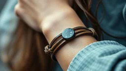 very close-up macro photo of a bracelet made of brown leather and onix on a woman's wrist, detailed, sharp contrasts, realistic, cinematic, blur background