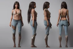 Female character full anatomy Proportions of the character the head-to-body ratio . Front, Side, and Back Views: Provide multiple views of the character, including front, side, and back mode sheet .stylized animation character 8k Art station.