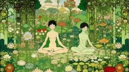 An illustration by Miyazaki and Monet of individuals practicing yoga by Egon Schiele surrounded by blooming flowers and lush vegetation.