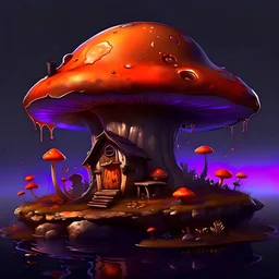 Wonderful spotless mushroom house in space. Floating Island in space. Black, eggplant and tangerine colored. fine detail oil painting photo realistic hyper detailed perfect composition trending on artstation.