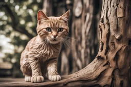 cat in aggressive stance, made of wood, coming out of a tree, photo with many details and high resolution