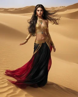 Sahara desert, oasis, slender oriental girl 18 years old of incredible beauty in full height, bare stomach, face half-covered with chiffon, very long hair curling in the wind, tanned skin, dancing oriental dance on the sand, middle east oriental dance costume in black and gold, silk, ruby ​​jewelry, three-dimensional drawing with colored pencils, aesthetics of a female flexible body, hyperrealism, filigree, ultra-detailed face, body and hands, in the style of oriental fairy tales, 64k