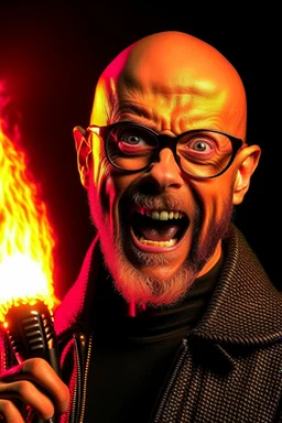 Firestarter animateur radio hardrock with a microphone. He has no hair. He has a thin beard. He has glasses. He's about 50 years. Seems angry. Flames all around him. He wears a sweat shirt of iron maiden.