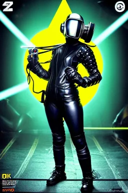 Photograph Cyber-punk girl random mask, old AKG-style big headphones, golden rings & disc. Fencing mask covers cheeks. Good body shape, Karate, steel sword. thick tights, thick calves. old-fashioned camera lenses. Ancient silver telephone attached to perfect body, trunk. 5th dimensional Escher tiling background. Daft Punk, Tron Movie. Matrix movie clothes, tippet. Black to cyan latex. Wicked sneakers. 1990's. An old AKG-microphone as mouth. Closely packed holes. Minimalism, fashion Haute Couture