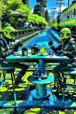 2 people in dive suits and flippers sit at a round garden table and drinking tea. They are sitting on a train track and a steaming train is coming right towards them