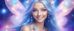 entire face and head of a beautiful bright fairy cosmic women with cosmic long straight hair, crystal jewel and dressed with a magic crystal suit. she has light make up and a sweety smile. she has a magic bright ray over the head