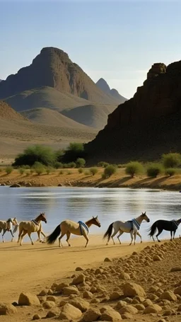 Sudan , kassala mountains, horses running down mountain leading to blue lake