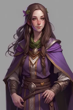 cahotic neutral charismatic Wood Elf Bard Female with pale skin, long brown hair, wearing a purple vest and brown adventurer's cloak with a smirk.