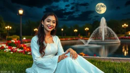 Hyper Realistic Photographic Close View Of Pashto Young Woman [Age 24] Happily Sitting On A Beautiful Green Grass Wearing A Complete Traditional Beautiful White Dress With full White Embroidered Sleeves Inside (Delicate Necklace And A Diamond Ring) A Colorful Flower Garden Near A Water Pond With Water Fountain Between The Pond With Artist Street Lamps Surrounding The Pond At Dark Cloudy Full Moon Night Showing Dramatic And Cinematic Ambiance.