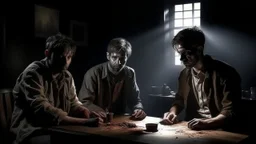 4 men zombies in adark room and spot light on table